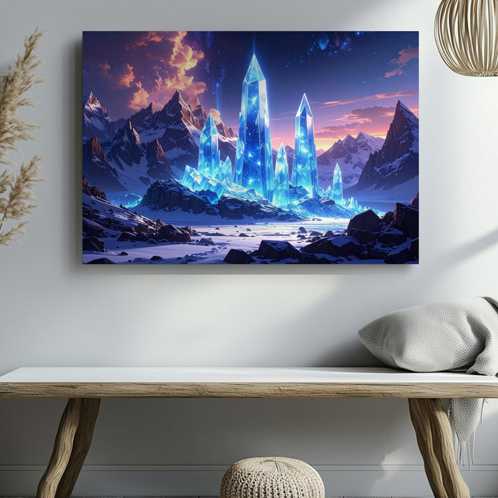 Surreal Winter Landscape Canvas – Glowing Blue Crystals in Snowy Mountain Range - Gifitto
