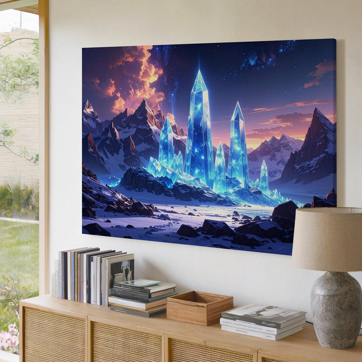 Surreal Winter Landscape Canvas – Glowing Blue Crystals in Snowy Mountain Range - Gifitto