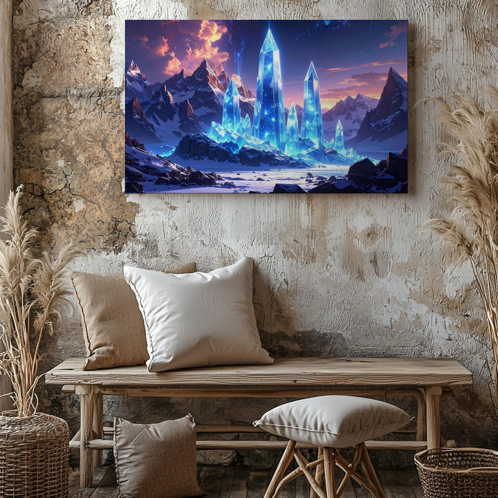 Surreal Winter Landscape Canvas – Glowing Blue Crystals in Snowy Mountain Range - Gifitto
