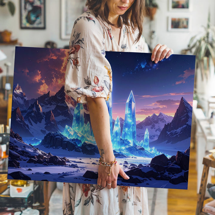 Surreal Winter Landscape Canvas – Glowing Blue Crystals in Snowy Mountain Range - Gifitto