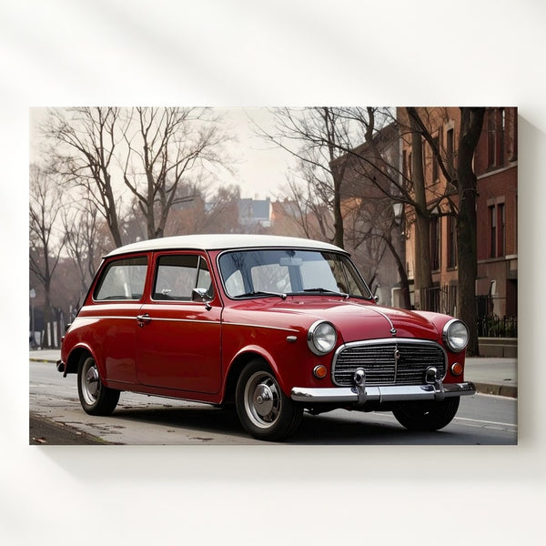 Classic Red Mini Cooper Canvas – Nostalgic European Street Scene Art - Gifitto