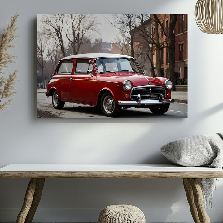 Classic Red Mini Cooper Canvas – Nostalgic European Street Scene Art - Gifitto