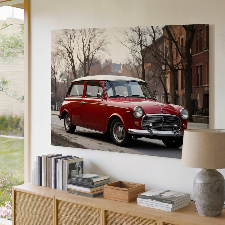 Classic Red Mini Cooper Canvas – Nostalgic European Street Scene Art - Gifitto
