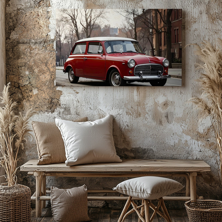 Classic Red Mini Cooper Canvas – Nostalgic European Street Scene Art - Gifitto