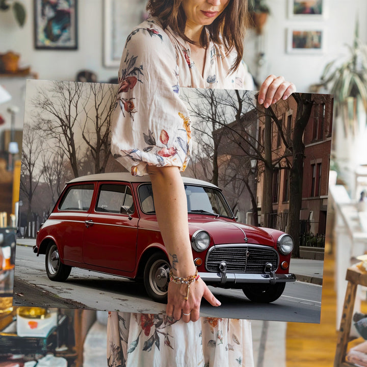 Classic Red Mini Cooper Canvas – Nostalgic European Street Scene Art - Gifitto