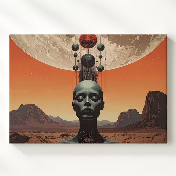 Futuristic Ascension Canvas – Surreal Figure with Cosmic Energy and Celestial Orbs - Gifitto