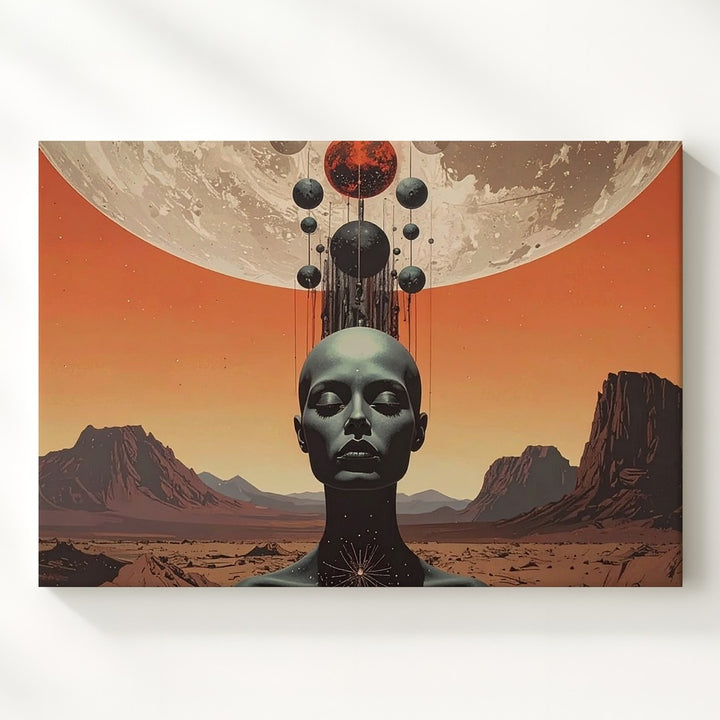 Futuristic Ascension Canvas – Surreal Figure with Cosmic Energy and Celestial Orbs - Gifitto