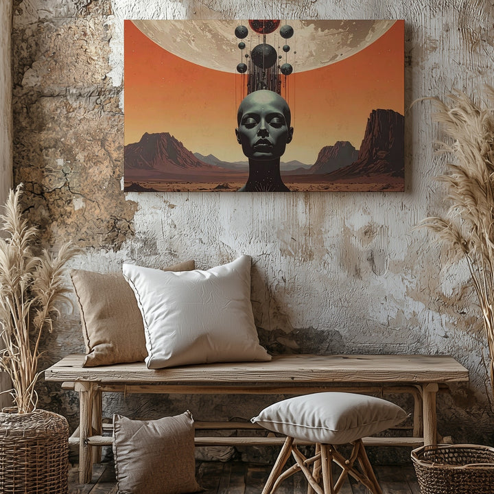 Futuristic Ascension Canvas – Surreal Figure with Cosmic Energy and Celestial Orbs - Gifitto