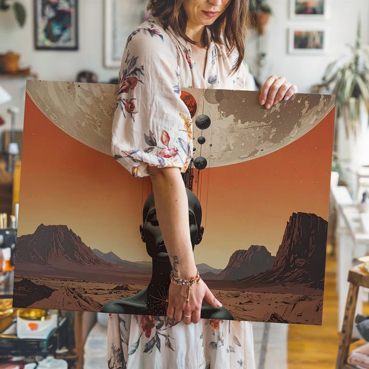 Futuristic Ascension Canvas – Surreal Figure with Cosmic Energy and Celestial Orbs - Gifitto