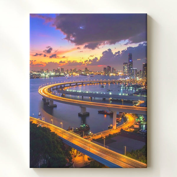 Futuristic Cityscape Canvas – Elevated Highway and Harbor at Dusk