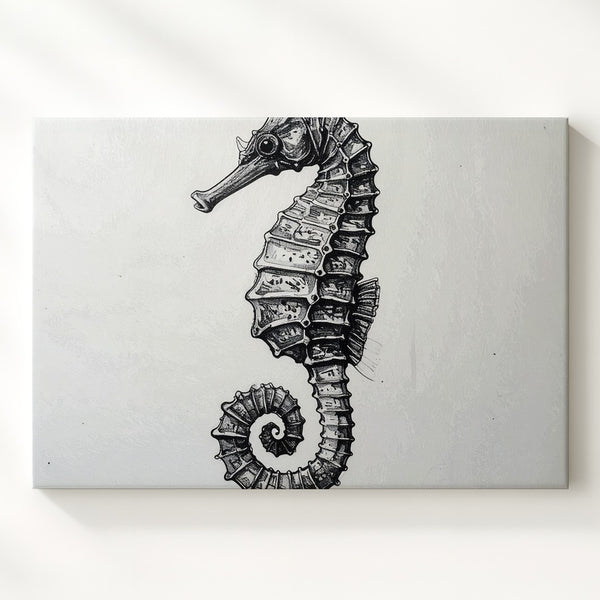 Minimalist Seahorse Ink Canvas – Black & White Stylized Illustration