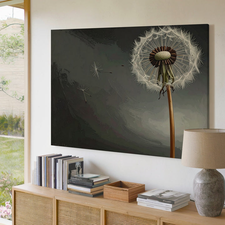 Dandelion in Seed Canvas – Minimalist Black & White Nature Art - Gifitto