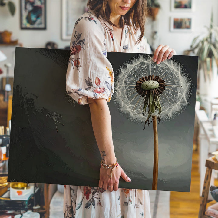 Dandelion in Seed Canvas – Minimalist Black & White Nature Art - Gifitto