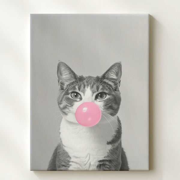 Bubblegum Cat Canvas – Minimalist Gray Cat Blowing Pink Bubble - Gifitto