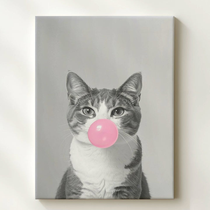 Bubblegum Cat Canvas – Minimalist Gray Cat Blowing Pink Bubble - Gifitto