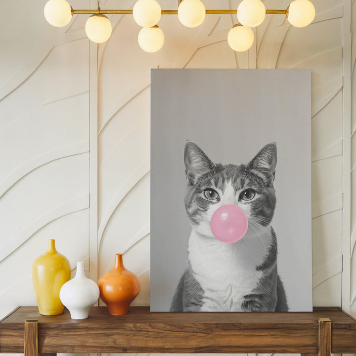 Bubblegum Cat Canvas – Minimalist Gray Cat Blowing Pink Bubble - Gifitto