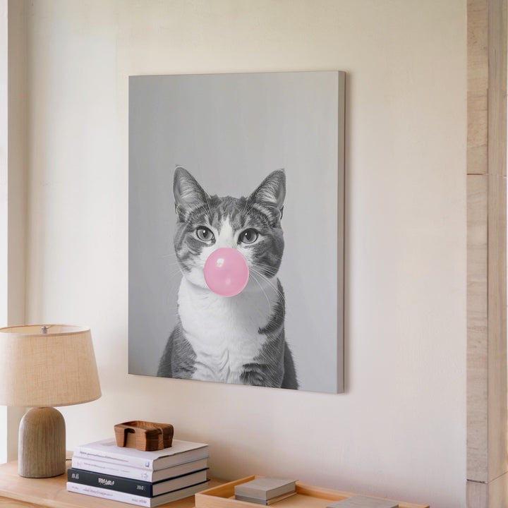 Bubblegum Cat Canvas – Minimalist Gray Cat Blowing Pink Bubble - Gifitto