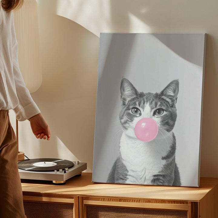 Bubblegum Cat Canvas – Minimalist Gray Cat Blowing Pink Bubble - Gifitto