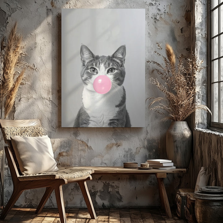 Bubblegum Cat Canvas – Minimalist Gray Cat Blowing Pink Bubble - Gifitto