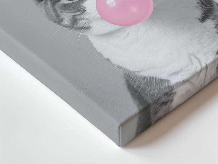 Bubblegum Cat Canvas – Minimalist Gray Cat Blowing Pink Bubble - Gifitto