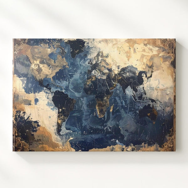 Vintage World Map Canvas – Antique Nautical Style in Navy & Gold Tones - Gifitto