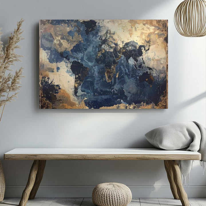 Vintage World Map Canvas – Antique Nautical Style in Navy & Gold Tones - Gifitto