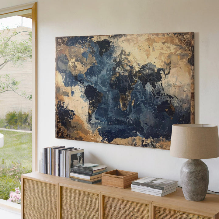 Vintage World Map Canvas – Antique Nautical Style in Navy & Gold Tones - Gifitto