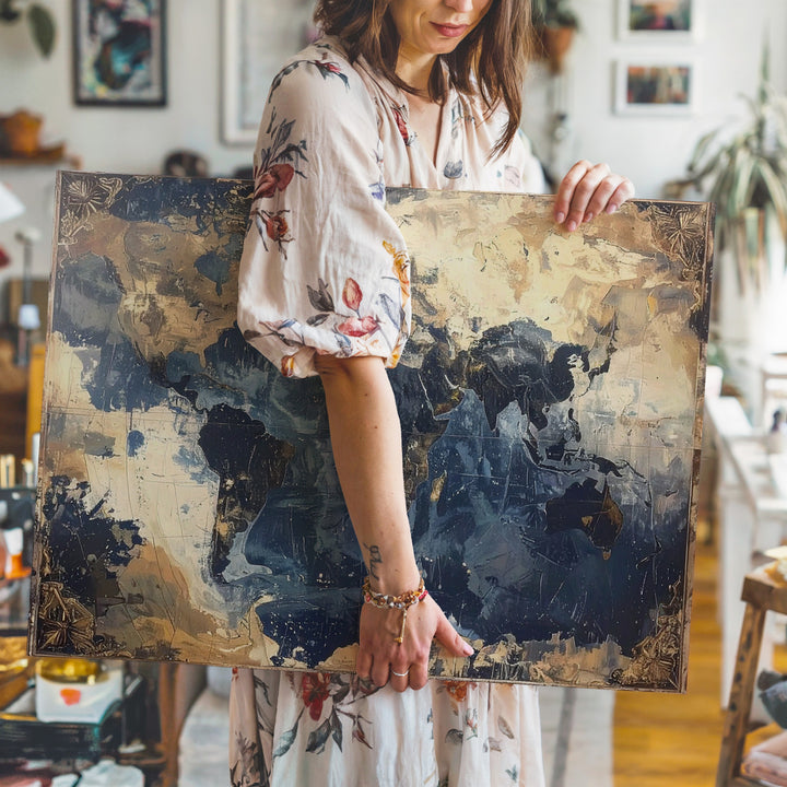 Vintage World Map Canvas – Antique Nautical Style in Navy & Gold Tones - Gifitto