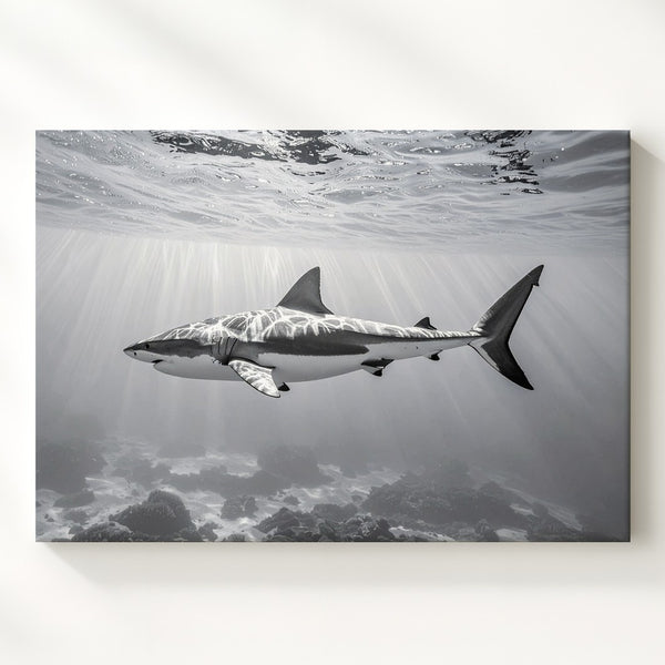 Dramatic Grayscale Shark Canvas – Moody Underwater Silhouette Art