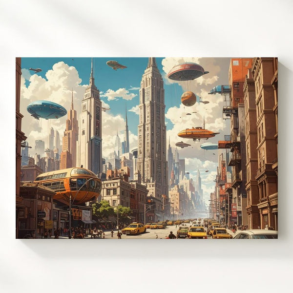 Futuristic Cityscape Canvas – Towering Skyscrapers and Floating Airships - Gifitto