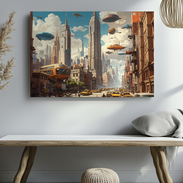 Futuristic Cityscape Canvas – Towering Skyscrapers and Floating Airships - Gifitto