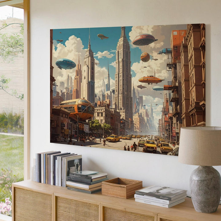 Futuristic Cityscape Canvas – Towering Skyscrapers and Floating Airships - Gifitto