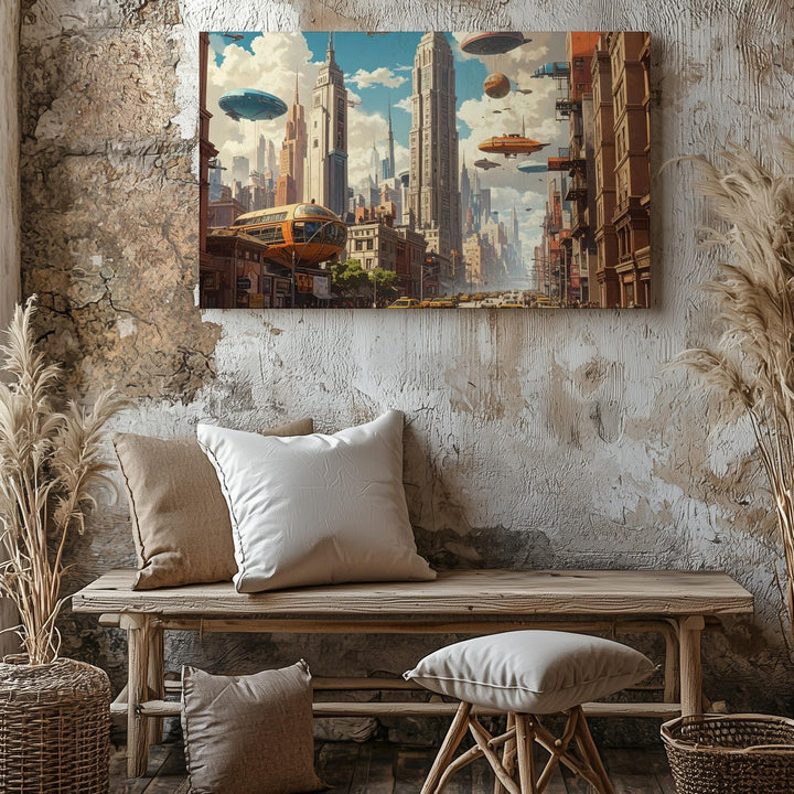 Futuristic Cityscape Canvas – Towering Skyscrapers and Floating Airships - Gifitto