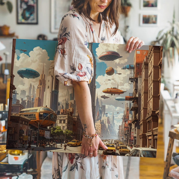 Futuristic Cityscape Canvas – Towering Skyscrapers and Floating Airships - Gifitto