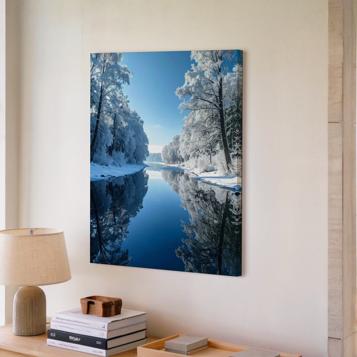 Winter River Reflection Canvas – Serene Snowy Landscape - Gifitto