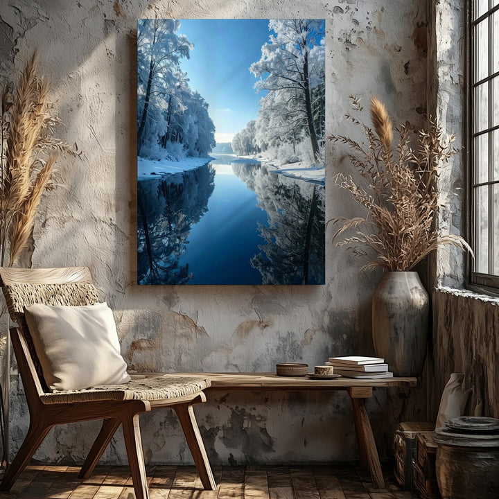Winter River Reflection Canvas – Serene Snowy Landscape - Gifitto