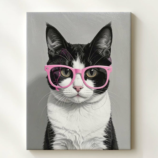 Pink Glasses Cat Canvas – Minimalist Black & White Feline with Retro Charm - Gifitto
