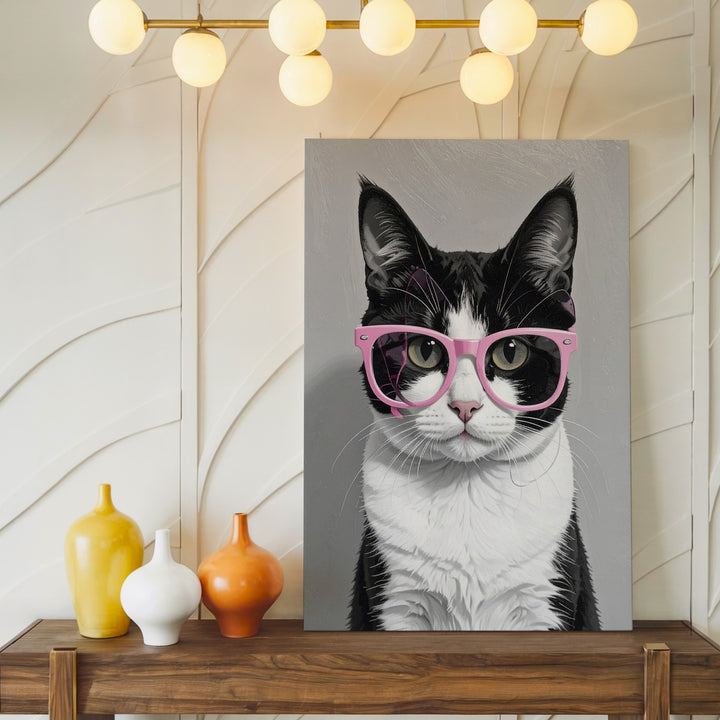 Pink Glasses Cat Canvas – Minimalist Black & White Feline with Retro Charm - Gifitto