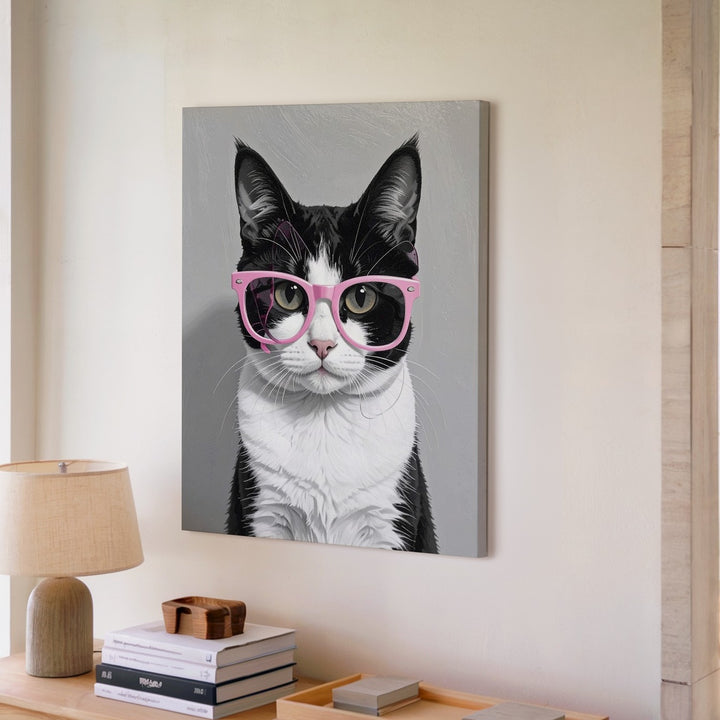 Pink Glasses Cat Canvas – Minimalist Black & White Feline with Retro Charm - Gifitto
