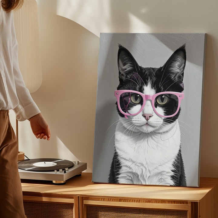 Pink Glasses Cat Canvas – Minimalist Black & White Feline with Retro Charm - Gifitto
