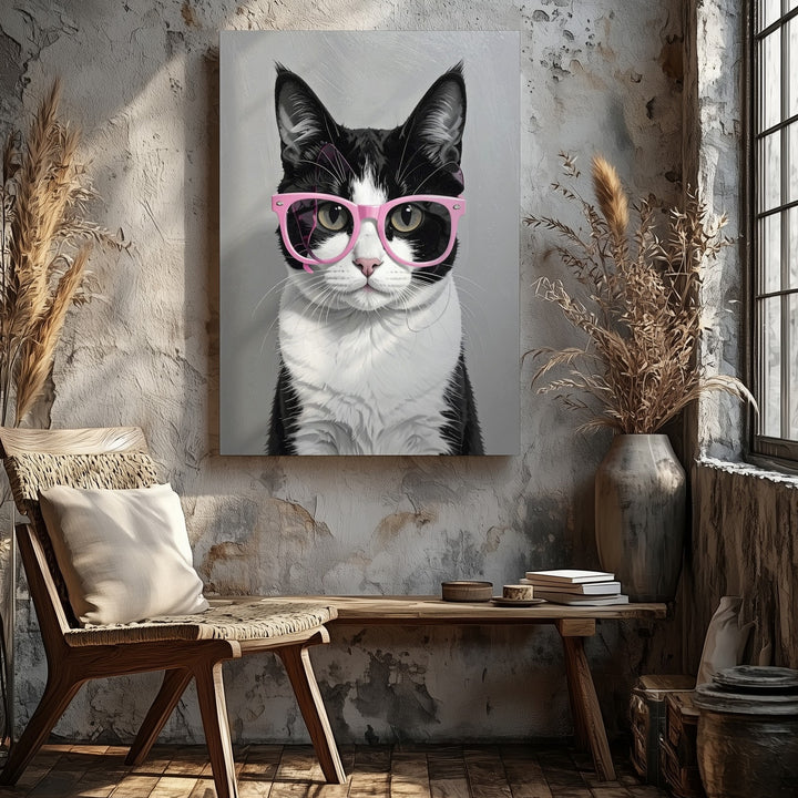 Pink Glasses Cat Canvas – Minimalist Black & White Feline with Retro Charm - Gifitto