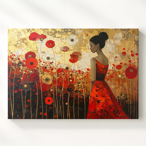 Solitary Figure in Poppy Field Canvas – Poetic Red-Orange Floral Art - Gifitto