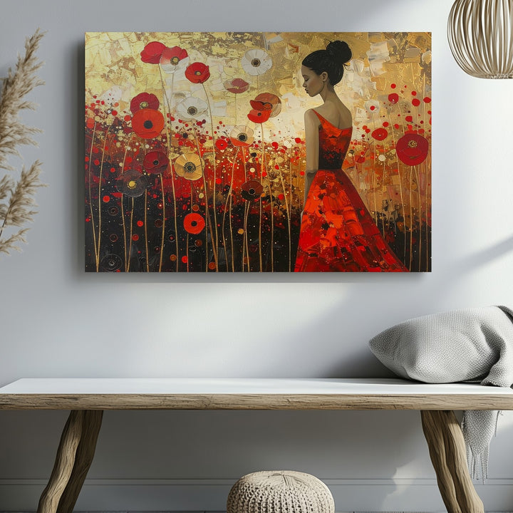 Solitary Figure in Poppy Field Canvas – Poetic Red-Orange Floral Art - Gifitto