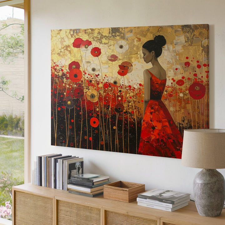 Solitary Figure in Poppy Field Canvas – Poetic Red-Orange Floral Art - Gifitto