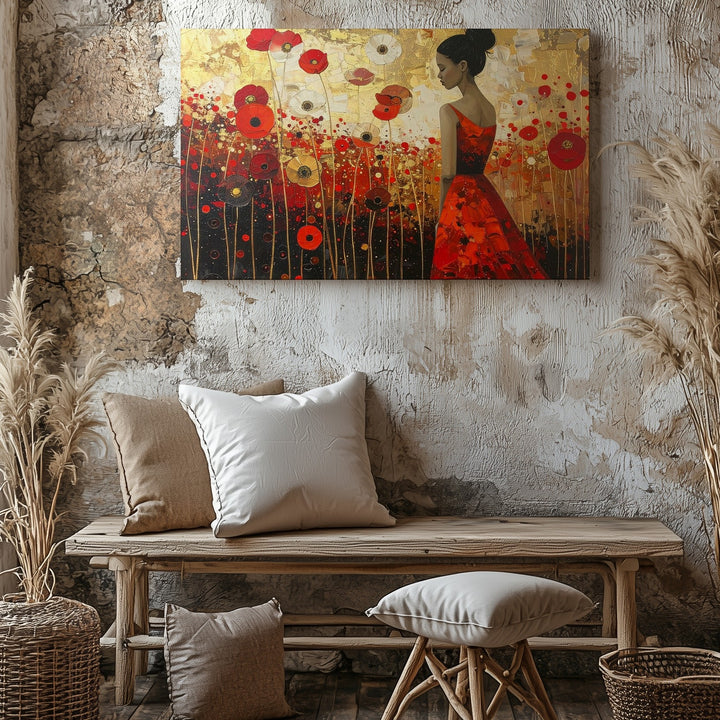 Solitary Figure in Poppy Field Canvas – Poetic Red-Orange Floral Art - Gifitto