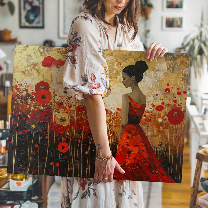 Solitary Figure in Poppy Field Canvas – Poetic Red-Orange Floral Art - Gifitto