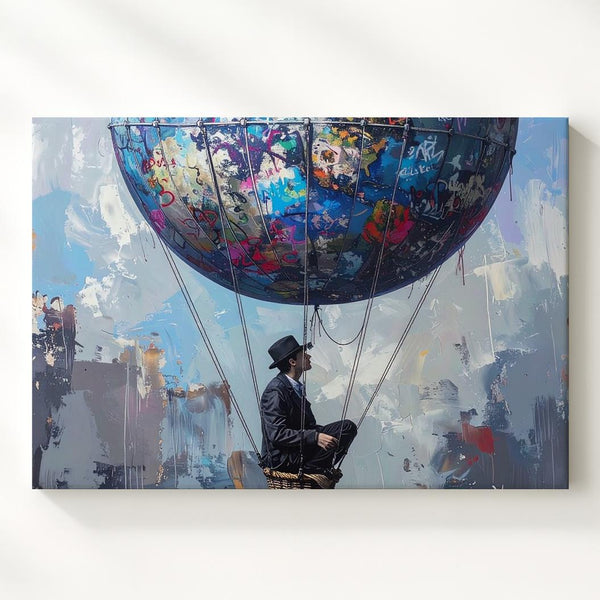 Graffiti Balloon Escape Canvas – Surreal Urban Fantasy with Bowler Hat Rider - Gifitto