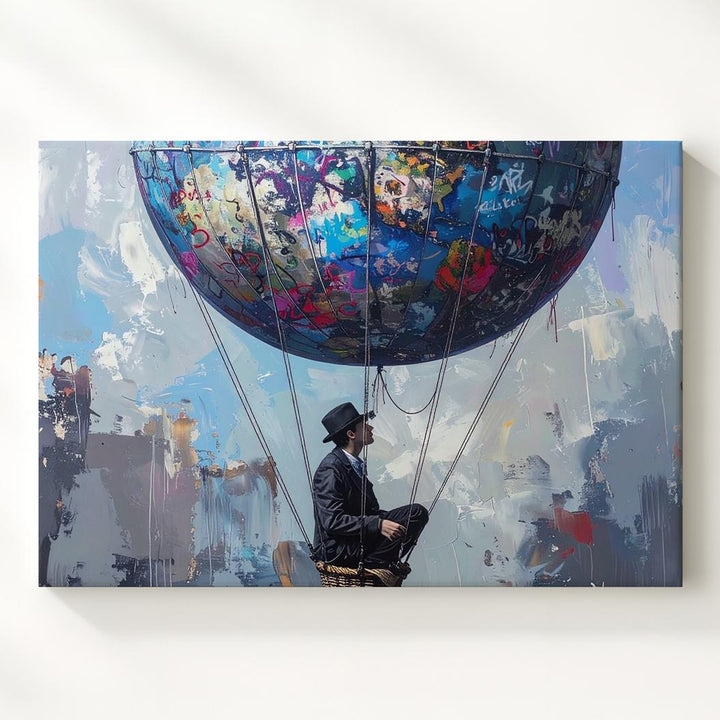 Graffiti Balloon Escape Canvas – Surreal Urban Fantasy with Bowler Hat Rider - Gifitto