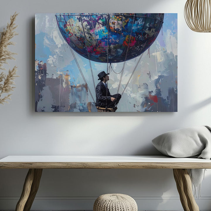 Graffiti Balloon Escape Canvas – Surreal Urban Fantasy with Bowler Hat Rider - Gifitto