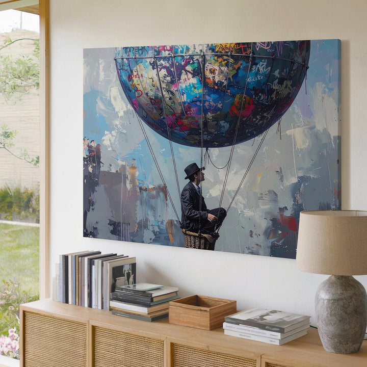 Graffiti Balloon Escape Canvas – Surreal Urban Fantasy with Bowler Hat Rider - Gifitto
